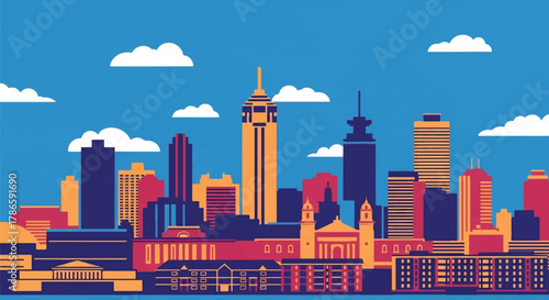 Flat vector skyline of Johannesburg with communication tower and clustered modern buildings. Solid warm colors, no gradients. Ideal for business and travel visuals