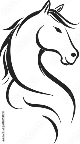 Horse head sketch, hand drawn line art with flowing mane — stock vector