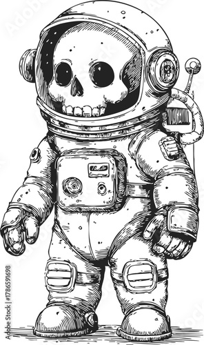 Skull astronaut sketch hand drawn in detailed spacesuit with helmet and retro sci fi style — stock vector