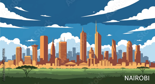 Flat vector skyline of Nairobi with cylindrical and angled modern towers. Solid warm palette, minimalist design, no gradients. Ideal for editorial travel layouts