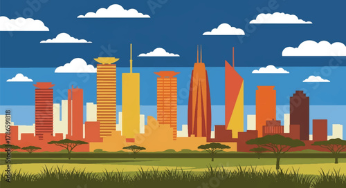 Flat vector skyline of Nairobi with cylindrical and angled modern towers. Solid warm palette, minimalist design, no gradients. Ideal for editorial travel layouts