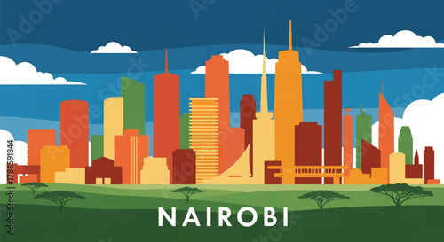 Flat vector skyline of Nairobi with cylindrical and angled modern towers. Solid warm palette, minimalist design, no gradients. Ideal for editorial travel layouts