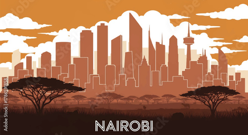 Flat vector skyline of Nairobi with cylindrical and angled modern towers. Solid warm palette, minimalist design, no gradients. Ideal for editorial travel layouts