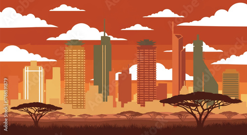 Flat vector skyline of Nairobi with cylindrical and angled modern towers. Solid warm palette, minimalist design, no gradients. Ideal for editorial travel layouts