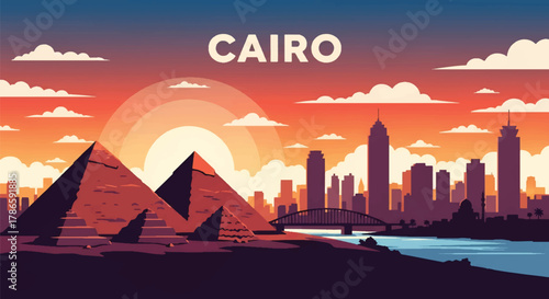 Flat vector skyline of Cairo with triangular pyramids near modern city towers. Solid warm desert palette, no gradients. Ideal for travel and educational visuals