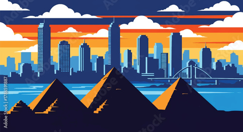 Flat vector skyline of Cairo with triangular pyramids near modern city towers. Solid warm desert palette, no gradients. Ideal for travel and educational visuals