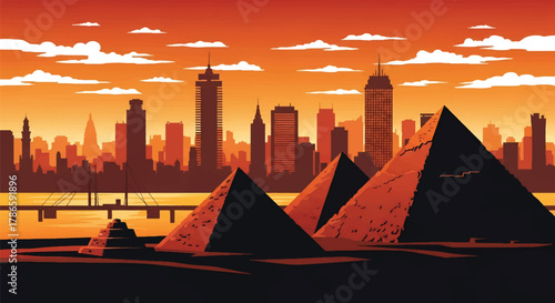 Flat vector skyline of Cairo with triangular pyramids near modern city towers. Solid warm desert palette, no gradients. Ideal for travel and educational visuals