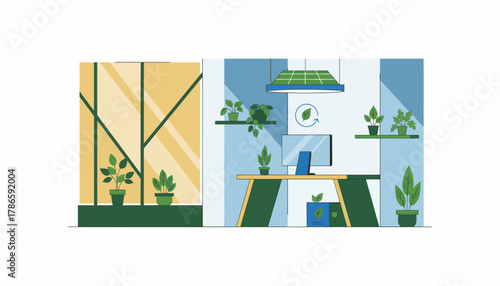 A biophilic office space filled with natural light featuring plants and smart technology that minimizes energy consumption.