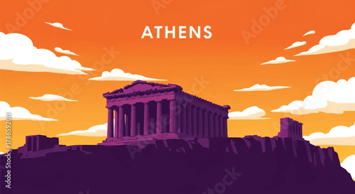 Flat vector skyline of Athens featuring rectangular hilltop ruins. Solid pastel palette, no gradients. Ideal for travel, history content, and educational graphics
