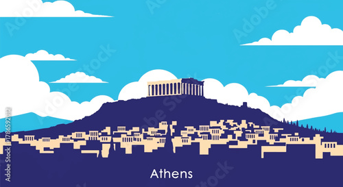 Flat vector skyline of Athens featuring rectangular hilltop ruins. Solid pastel palette, no gradients. Ideal for travel, history content, and educational graphics