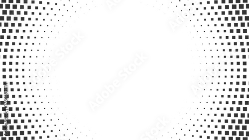 Square halftone frame background with evenly spaced pixel style dots forming a bright central opening, modern abstract minimal border suitable for posters advertisements web banners and text placement