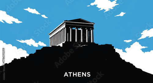 Flat vector skyline of Athens featuring rectangular hilltop ruins. Solid pastel palette, no gradients. Ideal for travel, history content, and educational graphics