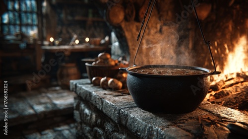 Iron cooking pot with hearty stew. Medieval tavern kitchen fireplace background