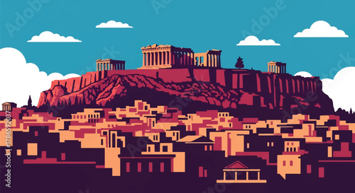 Flat vector skyline of Athens featuring rectangular hilltop ruins. Solid pastel palette, no gradients. Ideal for travel, history content, and educational graphics