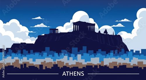 Flat vector skyline of Athens featuring rectangular hilltop ruins. Solid pastel palette, no gradients. Ideal for travel, history content, and educational graphics
