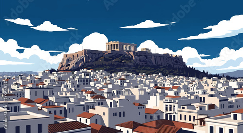 Flat vector skyline of Athens featuring rectangular hilltop ruins. Solid pastel palette, no gradients. Ideal for travel, history content, and educational graphics