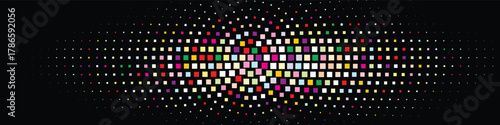 Abstract glowing halftone lens effect with colorful radial pixel dots on black background forming a vibrant central light, modern digital visual suitable for music posters nightlife graphics and motio