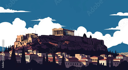 Flat vector skyline of Athens featuring rectangular hilltop ruins. Solid pastel palette, no gradients. Ideal for travel, history content, and educational graphics