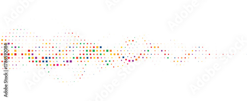 Minimal dotted wave pattern with scattered multicolor dots creating a flowing abstract shape across white background, modern playful graphic element ideal for banners website headers and decorative br