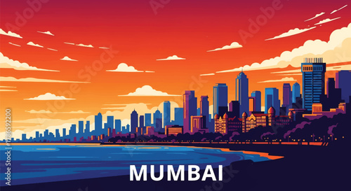Flat vector skyline of Mumbai showing dense coastal skyscrapers. Solid strong colors, no gradients. Ideal for travel posters, business, and editorial illustration