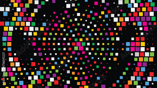 Colorful pixel mosaic halftone explosion on dark background forming a vibrant radial energy center, dynamic abstract digital art ideal for dance party flyers gaming visuals nightlife posters and neon 