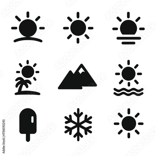 Weather and nature icons: sun, mountain, snowflake, ice cream