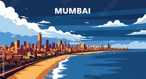 Flat vector skyline of Mumbai showing dense coastal skyscrapers. Solid strong colors, no gradients. Ideal for travel posters, business, and editorial illustration