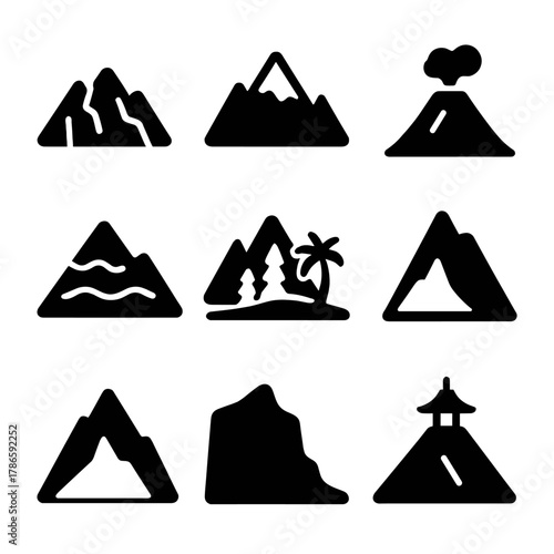 Minimalist mountain icons: nine black silhouettes on gray background