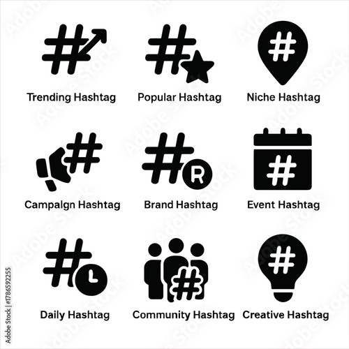 Diverse hashtag icons for social media campaigns and branding