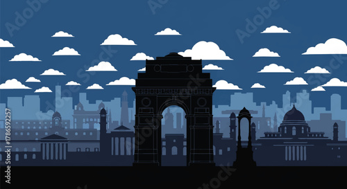 Flat vector skyline of New Delhi with monumental arch landmark and symmetrical government buildings. Solid warm tones, no gradients. Excellent for editorial and travel visuals
