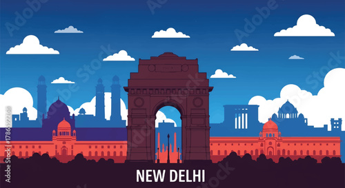 Flat vector skyline of New Delhi with monumental arch landmark and symmetrical government buildings. Solid warm tones, no gradients. Excellent for editorial and travel visuals