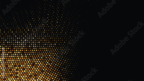 Gold halftone glowing particle gradient on black background forming a luxurious shimmering light texture, elegant abstract backdrop ideal for premium branding invitation designs luxury packaging and c