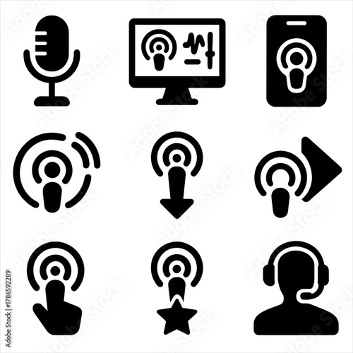 Podcast icon set featuring microphone, headset, and playback symbols