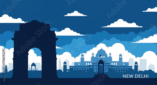 Flat vector skyline of New Delhi with monumental arch landmark and symmetrical government buildings. Solid warm tones, no gradients. Excellent for editorial and travel visuals