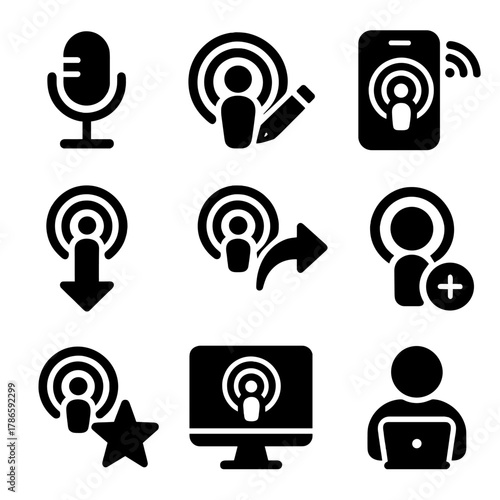 Podcast icons set depicting microphone, recording, and streaming elements