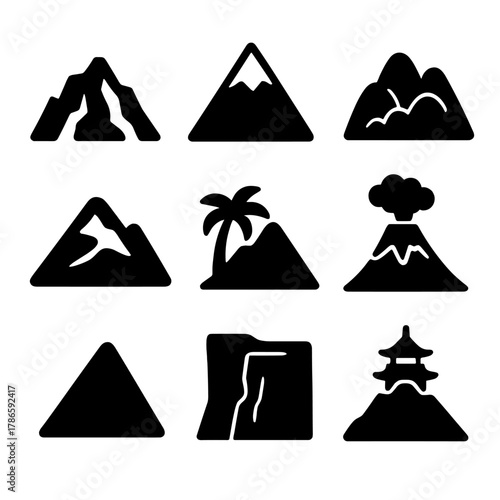 Mountain icon set: nine unique silhouettes featuring volcano and nature elements
