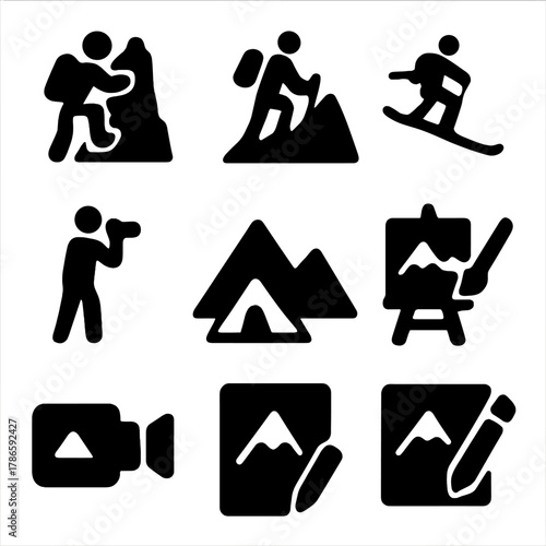 Adventure icons collection featuring hiking, skiing, and mountain themes