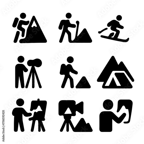 Silhouette icons of hiking, camping, and outdoor enthusiasts on a gray background