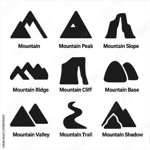 Minimalist mountain icons set featuring peaks, slopes, and trails in black silhouettes