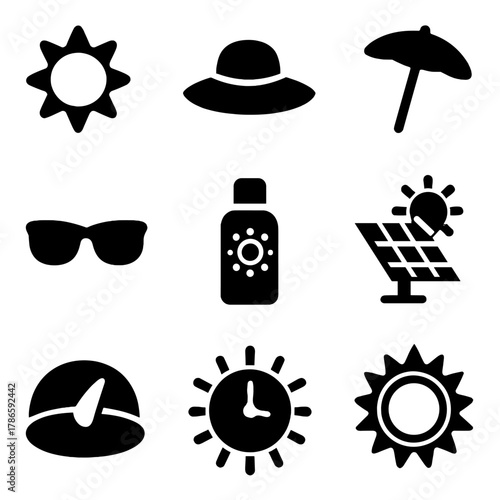 Silhouette summer icons: sun, hat, umbrella, sunglasses, solar panel