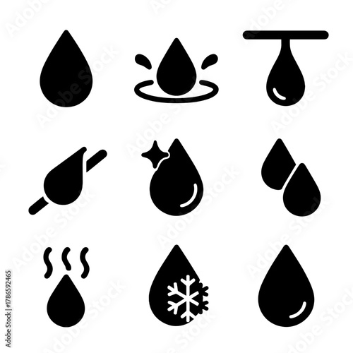 Water droplet icons: variety of symbolic elements on dark background
