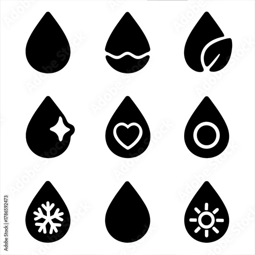 Water droplet icons in various styles on gradient background