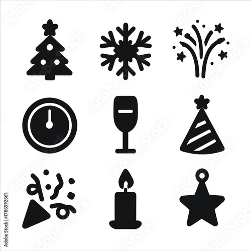 Festive holiday icons featuring tree, snowflake, fireworks, hat, and candle