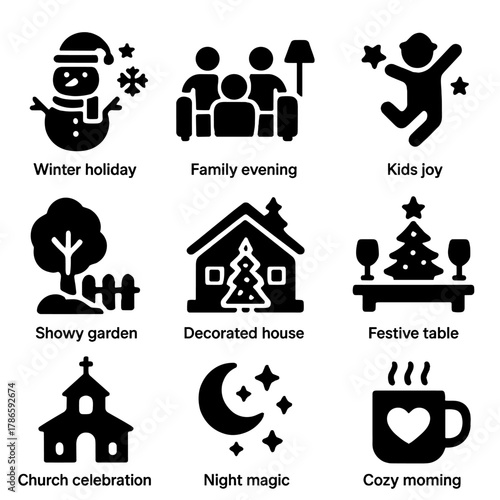 Festive winter icons for holiday celebrations and joyful family gatherings