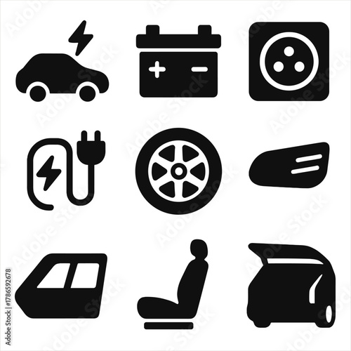 Electric car icons set: battery, charging, and auto parts silhouettes