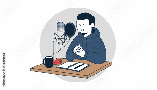 A lone podcaster speaking into a highquality microphone with a notebook and coffee cup on the desk conveying an intimate personal touch.