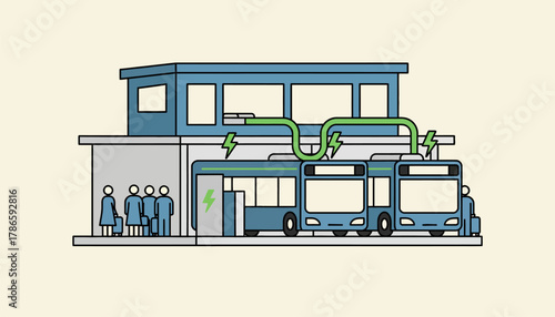 A charging station integrated into a bus terminal allowing electric buses to charge while passengers wait for their transport.