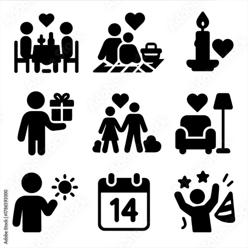 Romantic activities icons set with love and celebration symbols
