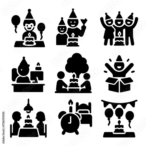 Birthday party icons: celebrations, cake, balloons, party hats, gift box fun
