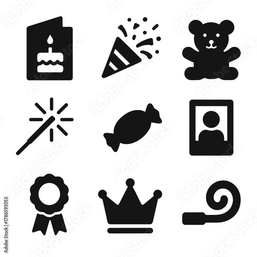 Party icons set featuring cake, bear, candy, sparkler, crown, and party popper